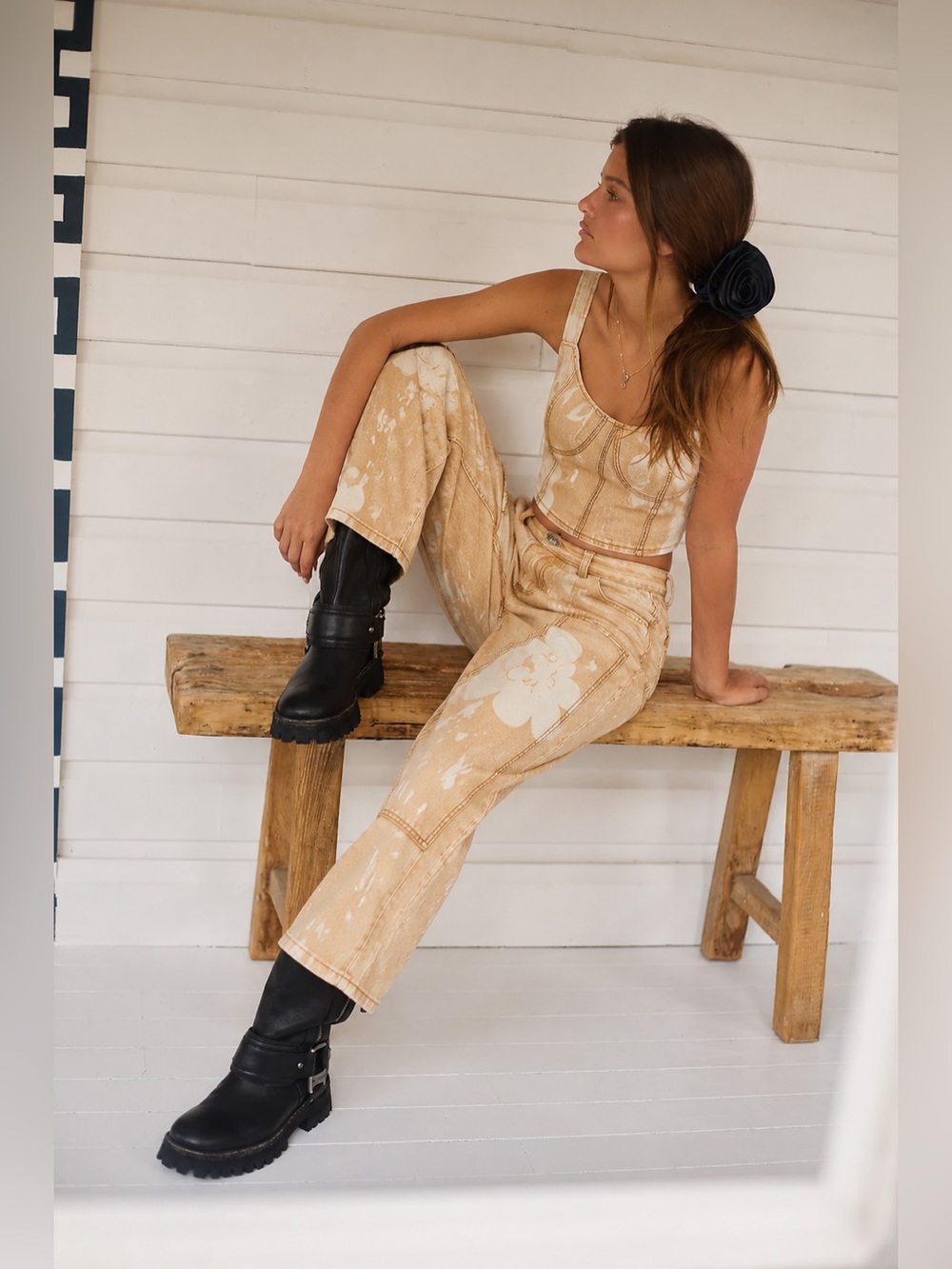 New Boutique Western Boho Button Fly Floral Jeans In Tan Combo